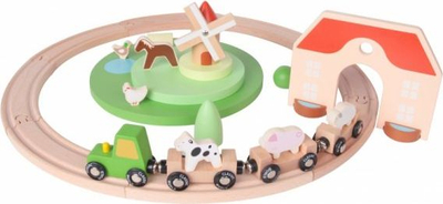 Set tren druni Classic World Wooden Railway Farm, me temë fermë, për mbi 3 vjeç, shumëngjyrësh