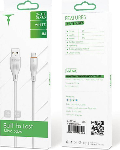 Kabllo karikimi T phox X lite, Micro USB, 1m, 3A, e bardhë