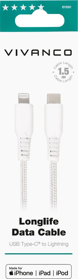Kabllo karikimi Vivanco LongLife, USB‑C në Lightning, 1.5m, e bardhë