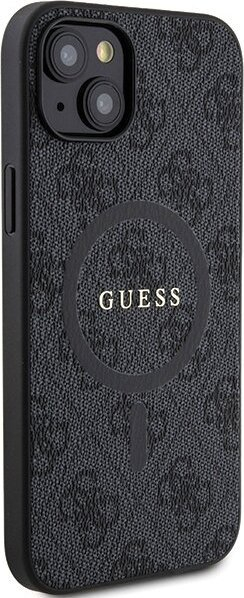 Kuti telefoni Guess 4G Collection Leather Metal Logo MagSafe, për iPhone 15 Plus 14 Plus, e zezë