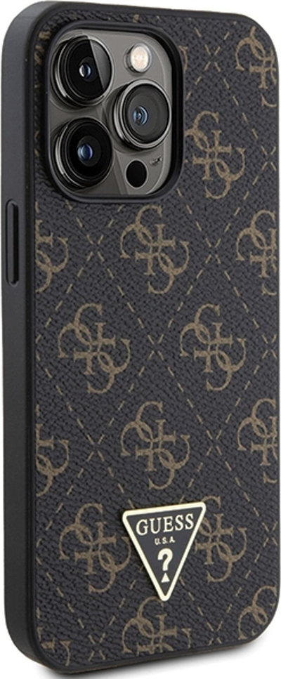 Husë telefoni Guess 4G Triangle Metal Logo për iPhone 13 Pro iPhone 13, lëkurë ekologjike, e zezë