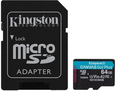 Kartë memorie Kingston Micro SDXC Canvas Go! Plus, 64GB, 170MB/s, UHS-I, U3 + përshtatës SD