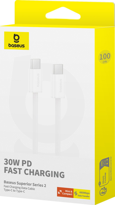 Kabllo Baseus Superior Series II USB C në USB C, 30W, 1m, e bardhë