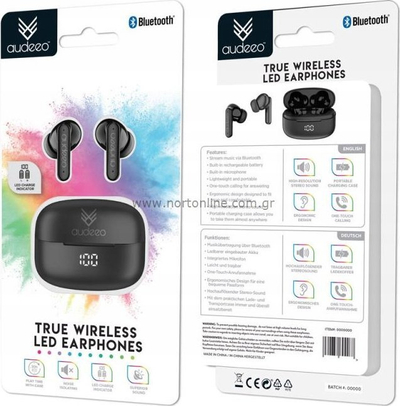 Kufje wireless in ear Audeeo AO TWSLED1, Bluetooth 5.0, 30 orë bateri, të zeza