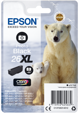 Ngjyrë Epson Singlepack 26XL Claria Prem Ink, e zezë