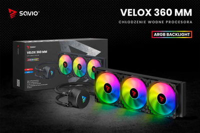 Ftohës uji për CPU Savio Velox, 360mm ARGB, 3 ventilatorë 120mm, i zi