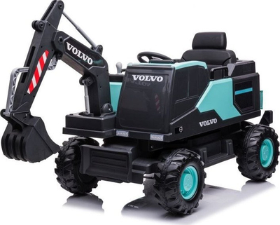 Eskavator elektrik për kalamaj Volvo, me goma të mëdhaja, me krah gërmimi që punon, i zi me jeshile