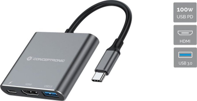 Adapter USB C Conceptronic DONN18G, HDMI USB 3.0 PD, 4K, gri