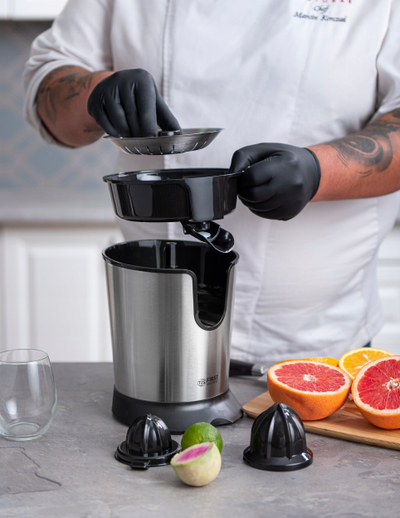 Shtrydhëse agrumesh First Citrus Orange, inox BPA free, dy koka, argjend
