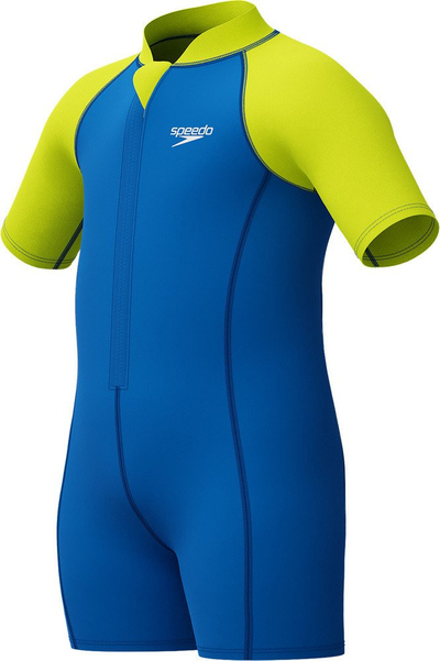 Неопрен костум за момчиња Speedo Learn to Swim Essential, целосно покривање, затворање со патент, сина и жолта