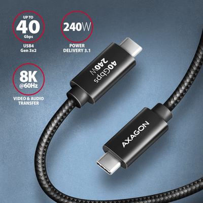 Kabllo Axagon USB-C, 240W, 1m, e zezë
