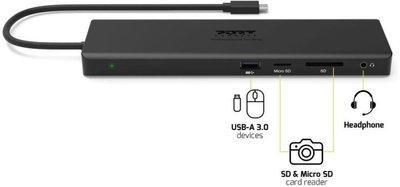 Docking station PORT CONNECT 11në1, 1x4K, RJ45, HDMI, Display Port, VGA, USB-C 100W, 4xUSB-A, micro / SD, i zi