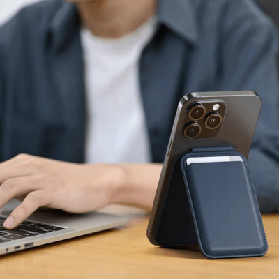 Portofol magnetik për telefon Satechi Vegan Leather Wallet Stand, MagSafe, deri 4 kartela, blu e errët