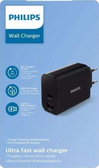 Karikues muri Philips, 30W, USB C PD, USB A, i bardhë