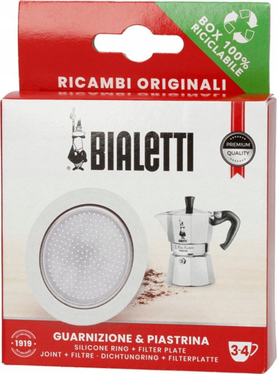 Set gasket-i dhe filtri Bialetti Induction, për xhezve 3 filxona, çelik inoks, e bardhë