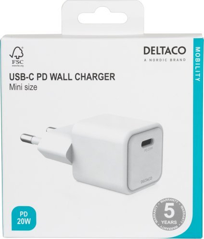 Karikues muri Deltaco USB C Mini, 1x USB C PD, 20W, i bardhë