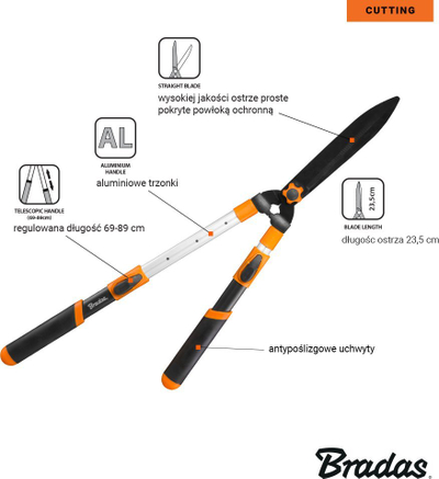 Gërshërë gardhi Bradas V-series, teleskopike 69 89cm, doreza alumini