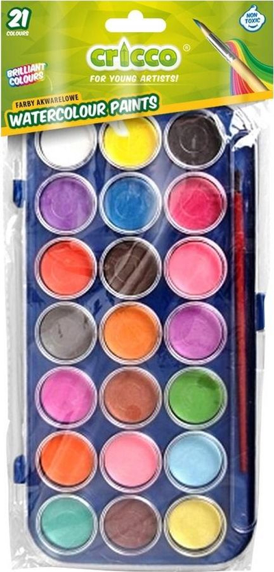 Akuarele ujore Cricco Watercolour Paints, set 21 ngjyra, me penel, shumëngjyrëshe