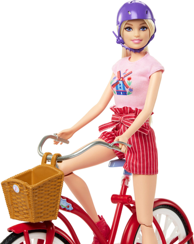 Set lojërash Barbie Pink Passport Holland, kukull me biçikletë, aksesorë udhëtimi, rozë