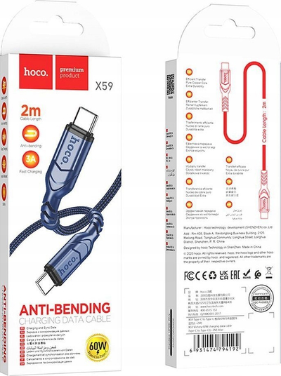 Kabllo karikimi Hoco X59 Victory, USB-C në USB-C, 60W PD, 2m, blu