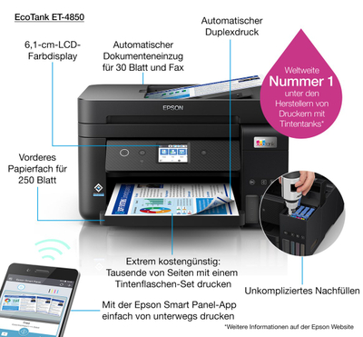 Мултифункционален печатач Epson EcoTank ET-4850, A4, WiFi LAN, ADF Duplex, црн