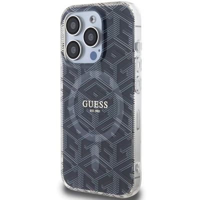 Futrollë Guess IML GCube MagSafe për iPhone 15 Pro 6.1", plastike e fortë, transparente e zezë