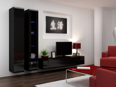 Vitrinë e varur Cama Meble VIGO 180, 180x40x30cm, xham i kalitur, e zezë shkëlqim
