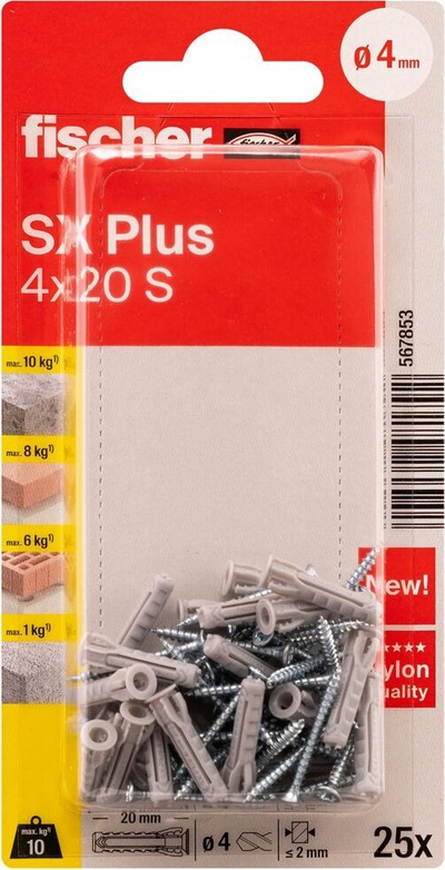 Set dyle me vida Fischer SX Plus 4x20 S, najlon, 25 copë, gri