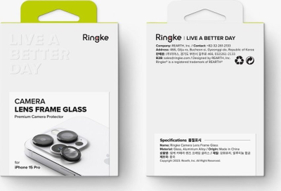 Mbrojtëse lente kamere Ringke për iPhone 15 Pro, xham i kalitur, aliazh alumini, e zezë
