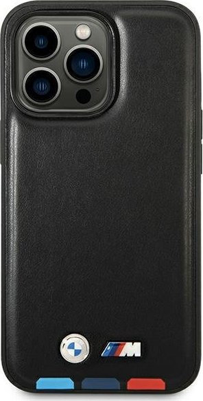 Qese telefoni BMW Leather Stamp Tricolor MagSafe, për iPhone 14 Pro Max 6.7", lëkurë, e zezë