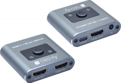 Ndërrues HDMI Techly 2-Port 2x1, HDMI 2.1, 8K 60Hz, me telekomandë IR