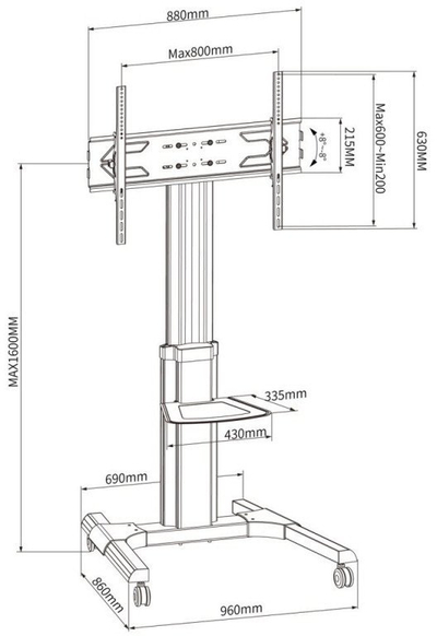 Qëndrim mobil për TV Techly, 50-92", 70kg, me raft, argjendtë
