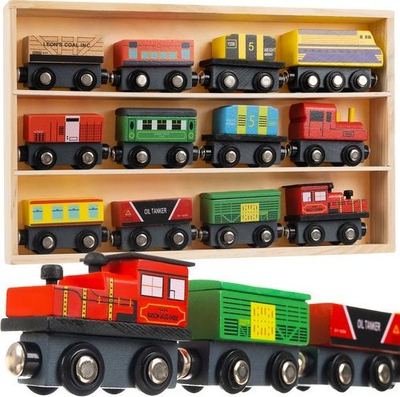Lodër tren druri Kruzzel 23522, set 12 pjesë, me magnet