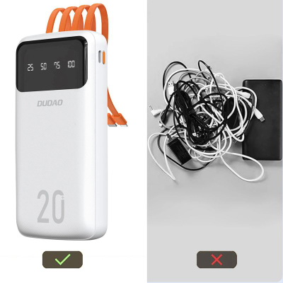 Power bank Dudao K6Pro+, 20000mAh, 3 kabllo të futme brenda vetes, i bardhë