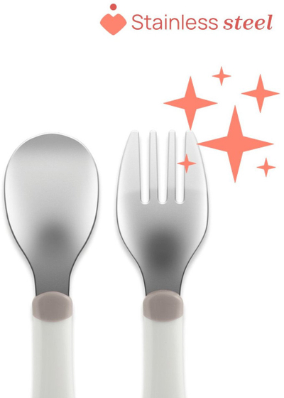 Set lugë-piruni Chicco Stainless Steel Cutlery, për kalama 18m+, gri