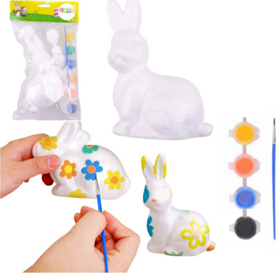 Set kreativ pikturimi për dekorime Pashke, figurë lepurush stiropor, 4 ngjyra, penel