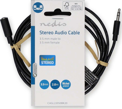 Kabllo audio Nedis Stereo, 3.5 mm mashkull në 3.5 mm femër, 2 m, i zi