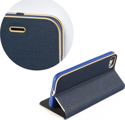 Kabull telefon LUNA Book Gold për iPhone 7 8 SE, kapak me qëndrues, blu navy