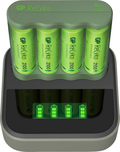 Karikues baterish GP ReCyko B421 me stacion D451, USB, me ekran LCD, me 4 bateri AA 2100 mAh