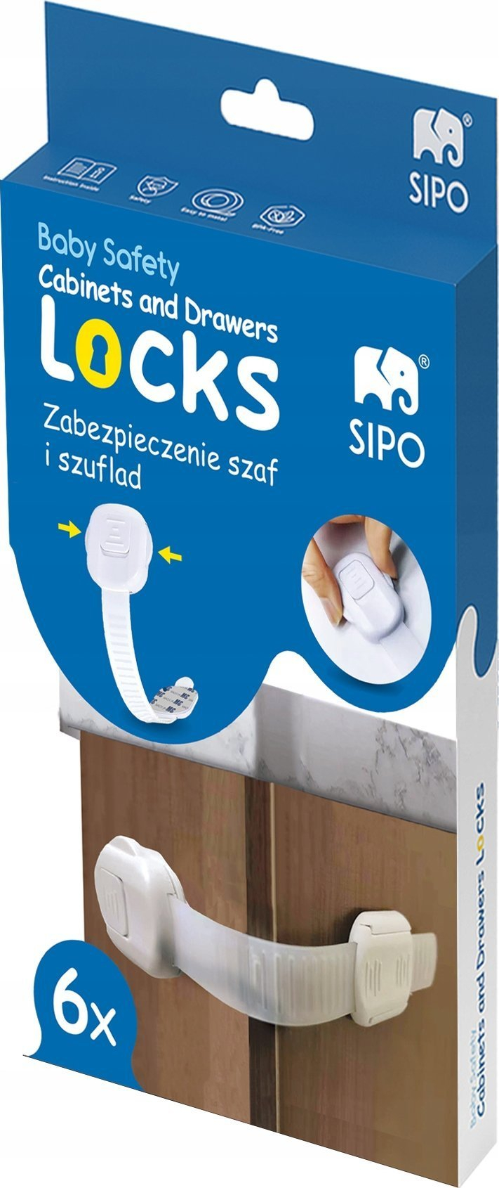 Bllokues sigurie për dollapë dhe sirtarë Sipo, set 6 copë, ABS, i bardhë