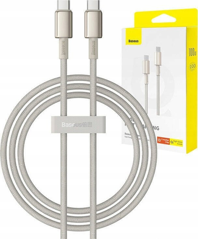 Kabllo karikimi Baseus Tungsten Gold, Type C në Type C, 100W, 1m, e bardhë