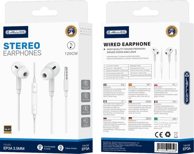 Kufje in-ear me tela Jellico EP3A me mikrofon, kabllo 1.2 m, jack 3.5 mm, ngjyrë e bardhë