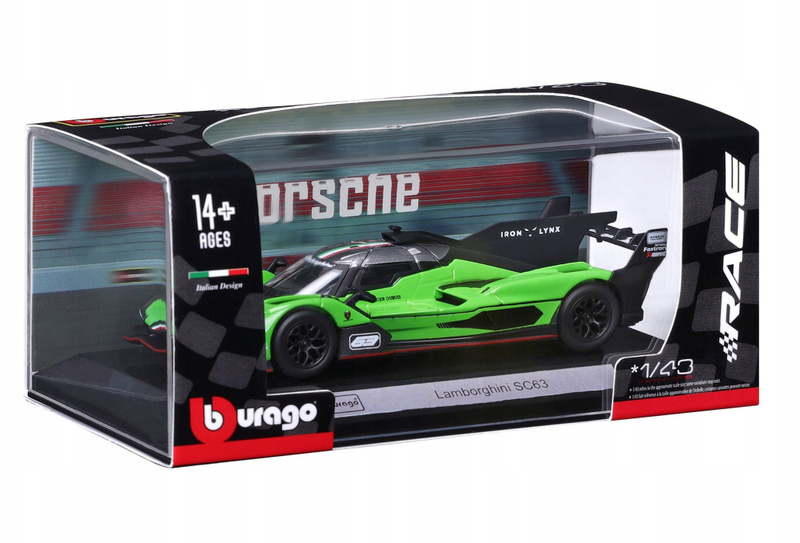 Maketi die-cast Bburago Lamborghini SC63 LMDh, 1:43, veturë garash Le Mans, i gjelbër