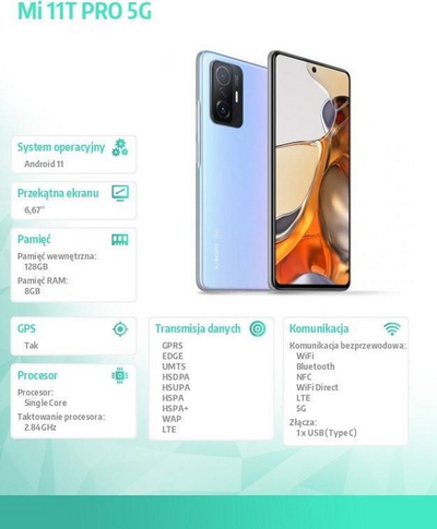Celular XIAOMI Mi 11T Pro, 6.47", 8 / 128GB, 5G, USB-C i kaltër