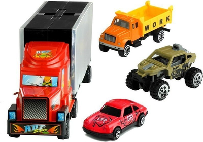 Set lodrash Leantoys Truck, kamion me valixhe, 12 makina të vogla, i kuq