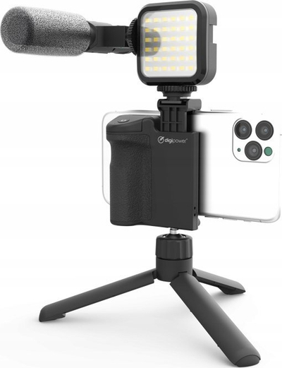 Set vlogging DigiPower Vlogging Kit 4 pjesë, tripod, mikrofon shotgun, dritë LED, i zi