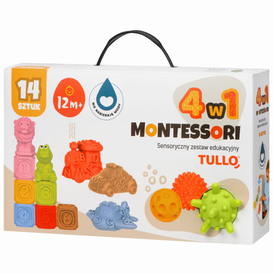 Set lodrash Montessori Tullo 614, 14 copë, blloqe sensoriale dhe automjete, shumëngjyrëshe