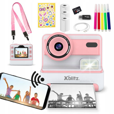 Kamerë instant për fëmijë Xblitz Flash, ekran 2.4", printer termik, rozë e bardhë
