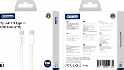 Kabëll USB Jellico B1 USB C në USB C, 60W, 1 m, i bardhë