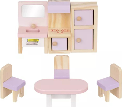 Set mobiljesh druri për kukulla Wooden Doll Furniture 22609, komplet dhomash, rozë me të bardhë